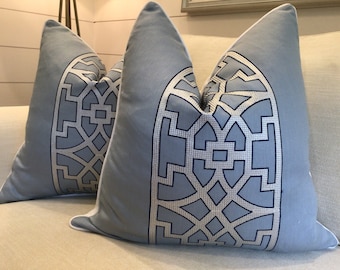 Schumacher Mary Mcdonald "Don't Fret" in sky  linen embroidery pillow cover!