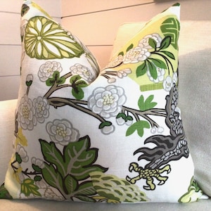 Schumacher Pillow Cover in Chiang Mai  Dragon Citrus Linen, Floral Pattern