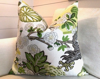 Schumacher Pillow Cover in Chiang Mai  Dragon Citrus Linen, Floral Pattern