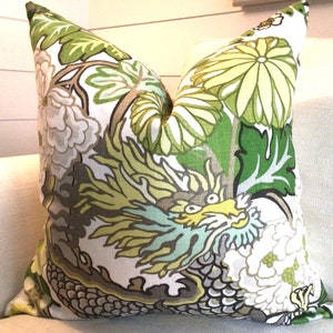 Schumacher Pillow Cover in Chiang Mai Dragon Citrus Linen, Dragon Face