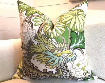 Schumacher Pillow Cover in Chiang Mai Dragon Citrus Linen, Dragon Face