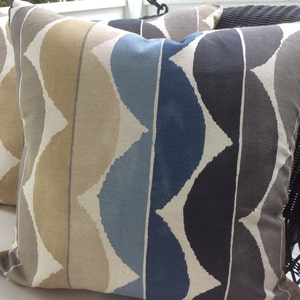 Scion Pillow Cover in Cadet and Pebble Yoki Denim Linen, Taupe Linen Backing