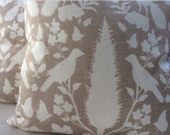 Schumacher Chenonceau Pillow Cover in Fawn Tan and Cream Linen, Cream Linen Backing, Choose Size