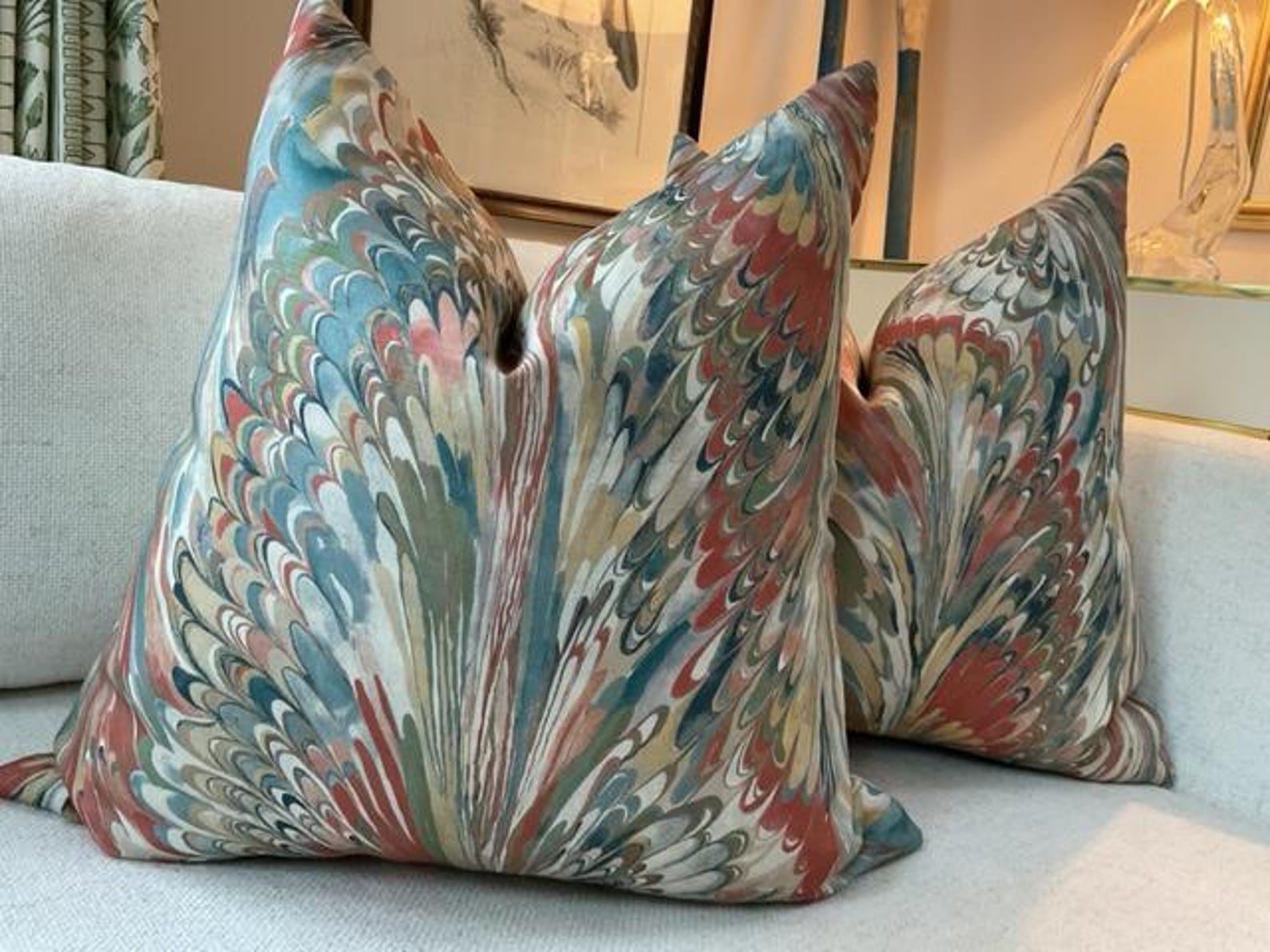 Lee Jofa " Taplow" In Clay and Blue Pillow Covers 22 x 22 both sided inches