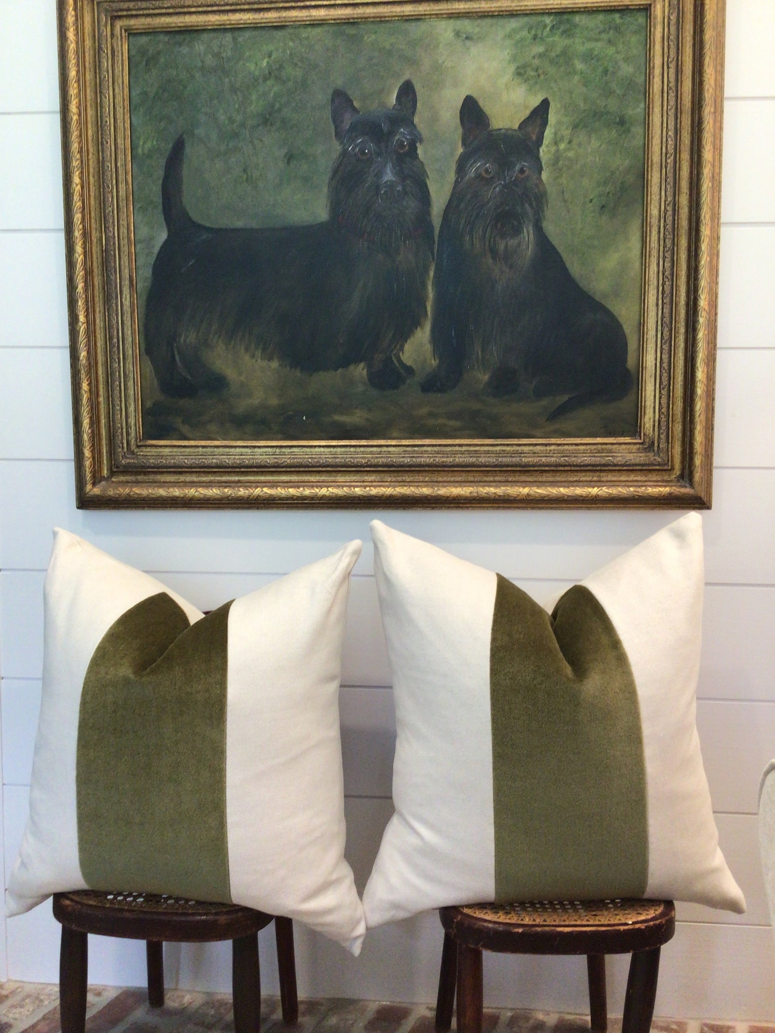 Classic Olive Green Velvet Panel with Oatmeal Linen pillow cover - 22 x 22 inches