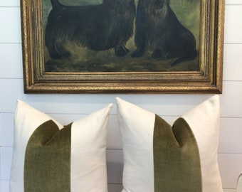 Classic Olive Green Velvet Panel with Oatmeal Linen pillow cover