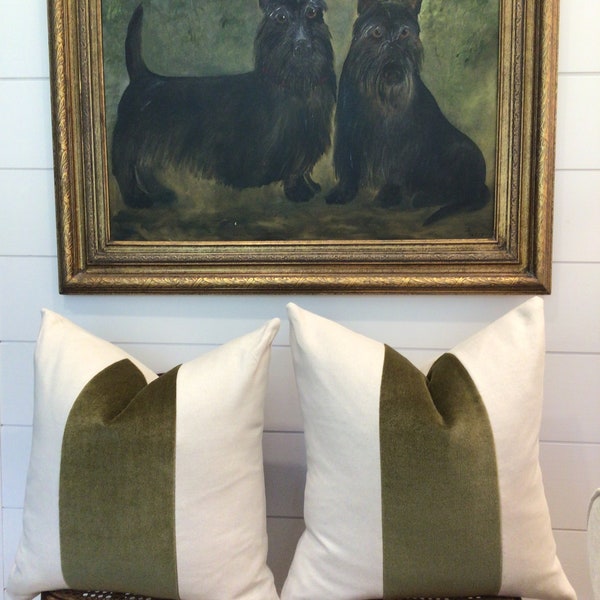 Classic Olive Green Velvet Panel with Oatmeal Linen pillow cover