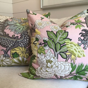 Schumacher Pillow Cover in Chiang Mai Dragon Blush Linen, Floral Pattern