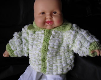 Baby Cardigan with a Collar in Frosty Lime Snowball Wool for approx 3 - 6 month old boy or girl. Brand New, Handmade, Hand Knitted