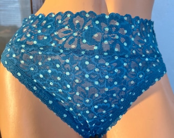 Braguitas vintage de Victoria's Secret, azul, con lunares y encaje, de talle alto, talla M.