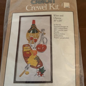 Vintage Caron 1977 Wine and Cheese Crewel Kit 10&quot; x 20&quot; Sealed Embroidery Cross Stitch