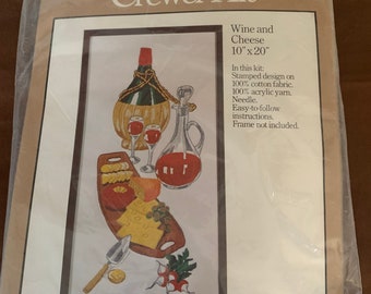 Vintage Caron 1977 Kit Crewel de Vino y Queso 10" x 20" Sellado Bordado Punto de Cruz
