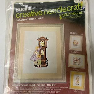 Vintage 1970&#39;s Bucilla Crewel Holly Hobbie Grandfather Clock Crewel Needlecraft Kit Sealed 18&quot;x 22&quot;