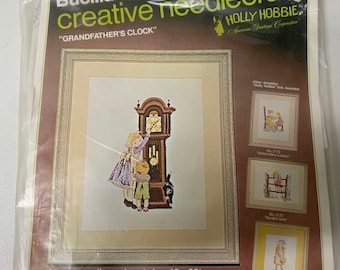 Vintage 1970 Bucilla Crewel Holly Hobbie Grandfather Clock Crewel Needlecraft Kit Sellado 18"x 22"