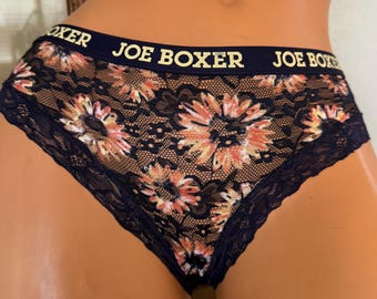 Braguitas de bikini estilo sissy de nailon transparente azul vintage Joe Boxer con estampado floral y logo en la cintura, talla M