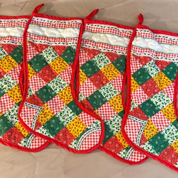 Vintage Lot of 4 Handmade Patchwork Design Christmas Stockings Quilted 18" Multi-Colored