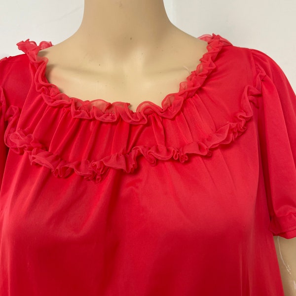 Vintage Snowdon Red Sheer Nylon Chiffon  Ruffled Sissy Knee Length Nightgown M