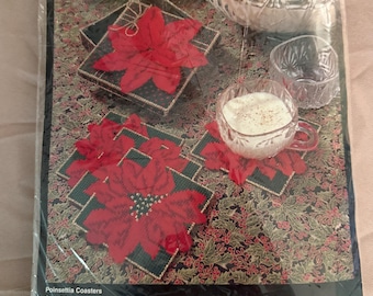 Kit de bordado Bucilla Poinsettia para posavasos, lienzo de plástico, estilo vintage de los 90.