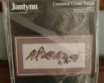 Nuevo en paquete sellado Vintage Janlynn Bird's on a Branch Counted Cross Stitch Kit 1992