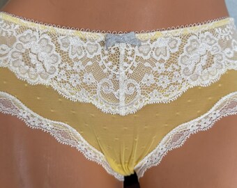 Braguita de bikini vintage Victoria's Secret amarilla transparente de nailon con encaje y bordados, talla M