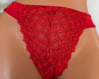 Braguita bikini tanga de encaje semitransparente de nailon rojo vintage Rampage M