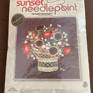 Vintage 1978 Sunset Stitchery Needlepoint Kit Autumn Bouquet 16&quot; x 16&quot; Sealed