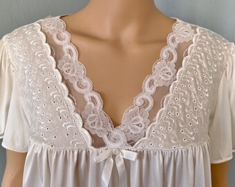 Camisón hasta la rodilla de encaje bordado blanco transparente de Vanity Fair, estilo vintage, talla M.