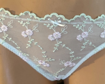 Braguita tanga bikini transparente de nailon con estampado floral blanco de VTG Moments Intimes, talla L