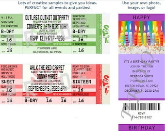 Birthday Party Ticket Invitations- Authentic & Personalized- QTY 20