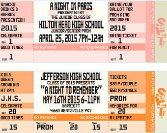 May include: Two ticket stubs for high school proms. The top stub is for Hilton Head High School's Junior/Senior Prom, "A Night in Paris", on April 25, 2015 from 7pm to 12am. The bottom stub is for Jefferson High School's Class of 2015 Prom, "A Night to Remember", on May 16th, 2015 from 6pm to 11pm at the Marriott, 4660 Hentzville Pky. Both stubs have the text "No Refunds" and "No Exchanges".