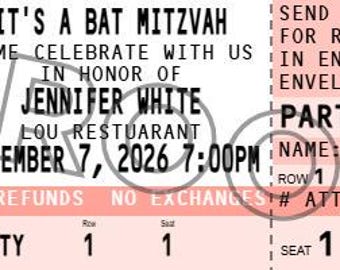 Bat Mitzvah Ticket Invitations- Authentic & Personalized- QTY 20