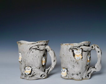 Ceramic Tree mugs with owls, Handmade Pottery Tree Mugs with Owls, Owl Lover Mugs, Unique Owl Mugs, Artsy Handmade Ceramic  Owl Mugs, Gift