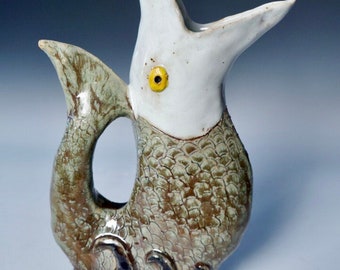 Ceramic Fish Pitcher, Handmade Pottery Fish, Unique Pitcher, Animal Art, Fishing Delight, Green Pitcher, Sailor's Gift, Sea Gift, Whimisical