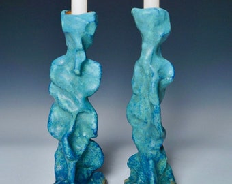 Shabbat Candleholders, Set of Shabbat Candleholders, Turquoise Candle Holder Set, Handmade Candle Holders Unique Sculptural Candle Holders