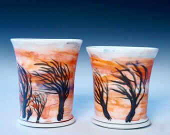 Porcelain Sunset Cups, Handmade Cups, Handpainted Cups, Porcelain Cups, Set of Ceramic Cups, Artsy Cups, Unique Gift, Nature Cups, Clay Gift