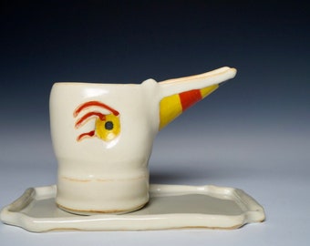Toucan Pitcher and Saucer, Handmade Ceramic Pitcher, Clay Creamer, Handmade with Porcelain