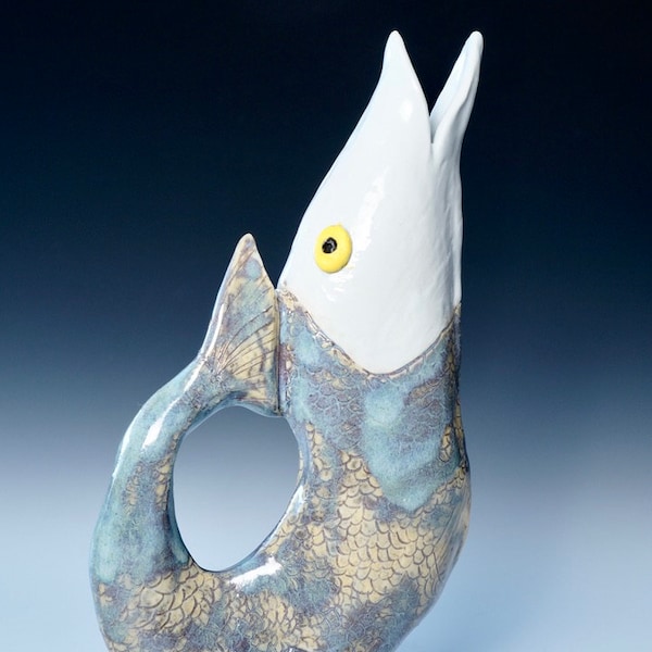 Fish Pitcher, Handmade Porcelain Fish Pitcher, Jumping Fish Ceramic Pitcher, Pottery Fish Pitcher, Handmade Fish Gift, Fish Art Pottery,