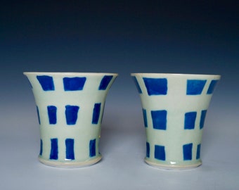 Set of Porcelain Handmade Cups, Green and Blue Checkered Cup, Handmade pottery checkered cups, Unique Handmade Porcelain Green and Blue Cups