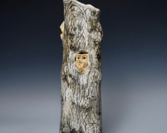 Porcelain Handmade Tree Vase with Owls, Ceramic Tree, Porcelain Tree, Nature Art, Owl Art, Unique Nature Vase, Handmade Owl Vase, Clay Vase
