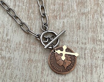 Indian Head Penny with Cross Necklace - stainless steel paper clip chain and cross
