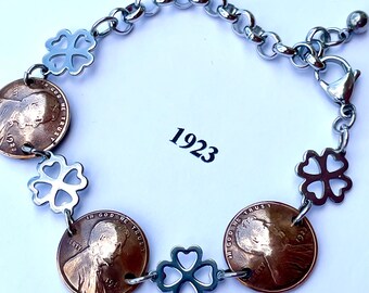 1923 Penny Bracelet with Stainless Steel Four Leaf Clovers