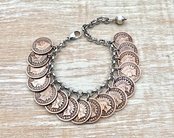 Indian Head Penny Charm Bracelet with a Freshwater Pearl and Stainless Steel Chain