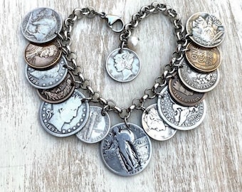 American Charm Bracelet - 14 American Coins - 6 Silver coins - 7 coins over 100 years old - stainless steel rolo chain - freshwater pearl