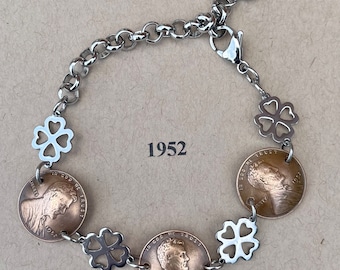 1952 Penny Bracelet with Stainless Steel Four Leaf Clovers