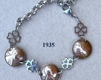 1935 Penny Bracelet with Stainless Steel Four Leaf Clovers