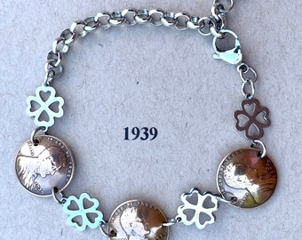 1939 Penny Bracelet with Stainless Steel Four Leaf Clovers