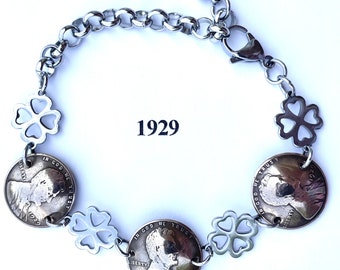 1929 Penny Bracelet with Stainless Steel Four Leaf Clovers