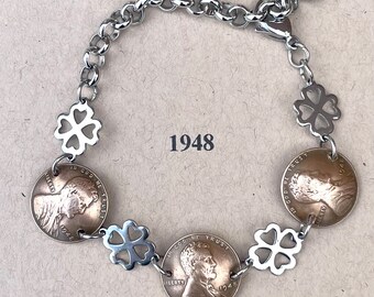 1948 Penny Bracelet with stainless steel four leaf clovers