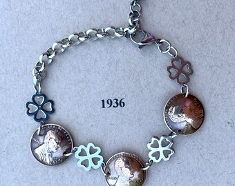 1936 Penny Bracelet with Stainless Steel Four Leaf Clovers