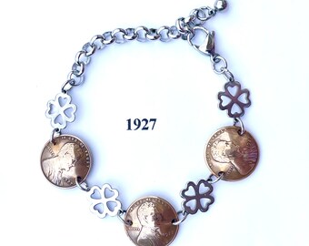 1927 Penny Bracelet with Stainless Steel Four Leaf Clovers